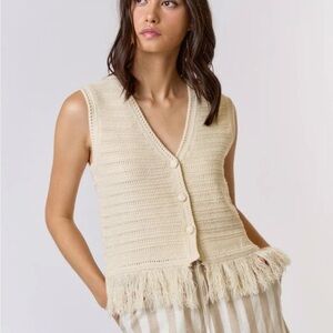 Lalavon Knit Sleeveless Crochet Top Tasseled Fringe Hem Cream Button Down: Large